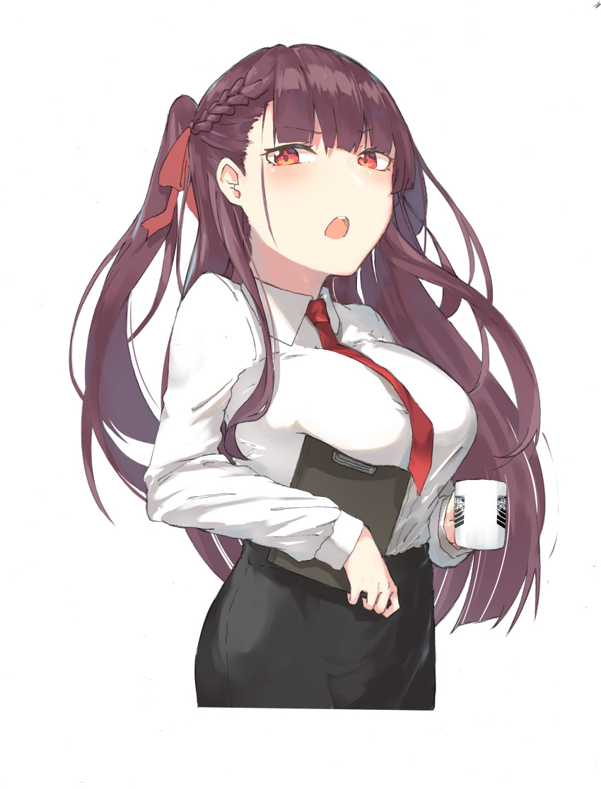 absurdres bangs black_skirt blush breasts clipboard collared_shirt commentary_request cup eyebrows_visible_through_hair girls_frontline hair_ribbon half_updo high-waist_skirt highres holding holding_clipboard holding_cup large_breasts long_hair long_sleeves looking_at_viewer necktie one_side_up open_mouth purple_hair red_eyes ribbon shirt simple_background skirt solo tittu tsundere tsurime very_long_hair wa2000_(girls_frontline) white_background white_shirt