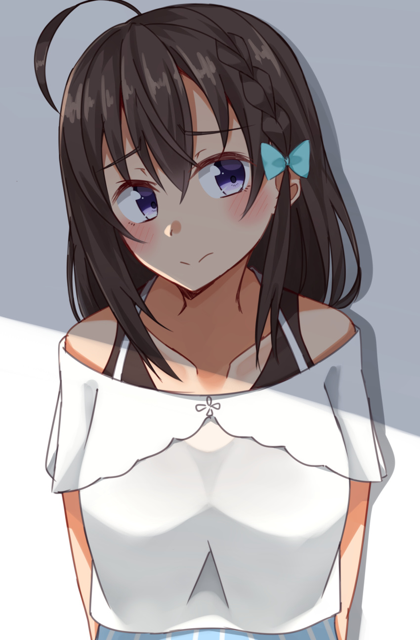 ahoge bangs bare_shoulders blue_bow blue_skirt blush bow braid breasts brown_hair closed_mouth collarbone eyebrows_visible_through_hair hair_between_eyes hair_bow head_tilt high_school_fleet highres kapatarou long_hair looking_at_viewer off-shoulder_shirt purple_eyes shirt side_braid skirt small_breasts solo striped uchida_mayumi vertical-striped_skirt vertical_stripes white_shirt