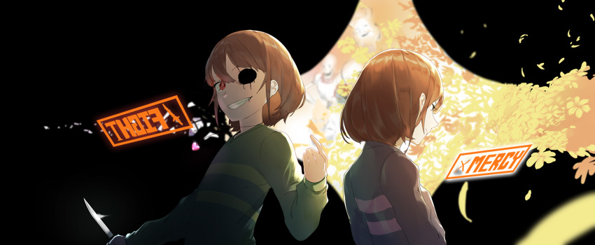 2others 3boys alphys asgore_dreemurr black_background blurry brown_hair chara_(undertale) closed_mouth commentary depth_of_field english evil_grin evil_smile flower frisk_(undertale) grin head_tilt heart heart_necklace highres holding holding_knife knife long_sleeves missing_eye multiple_boys multiple_others papyrus_(undertale) petals profile red_eyes sans smile striped striped_sweater sweater undertale uta_(xuyansong1996)