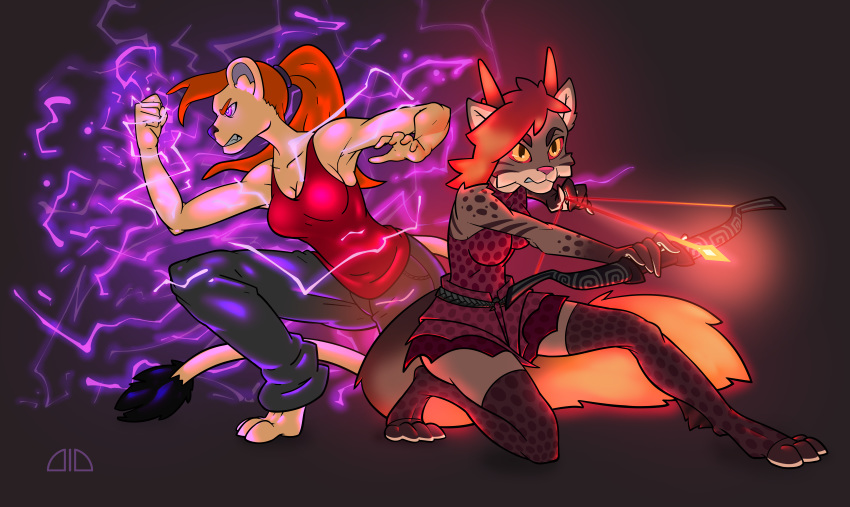 2018 absurd_res action_pose angry anthro armor artidest bow breasts clothed clothing digital_media_(artwork) duo feline female fire fur hair hi_res holding_object holding_weapon horn jeans lightning lion magic mammal pants ponytail pose ranged_weapon shirt simple_background tank_top toes weapon