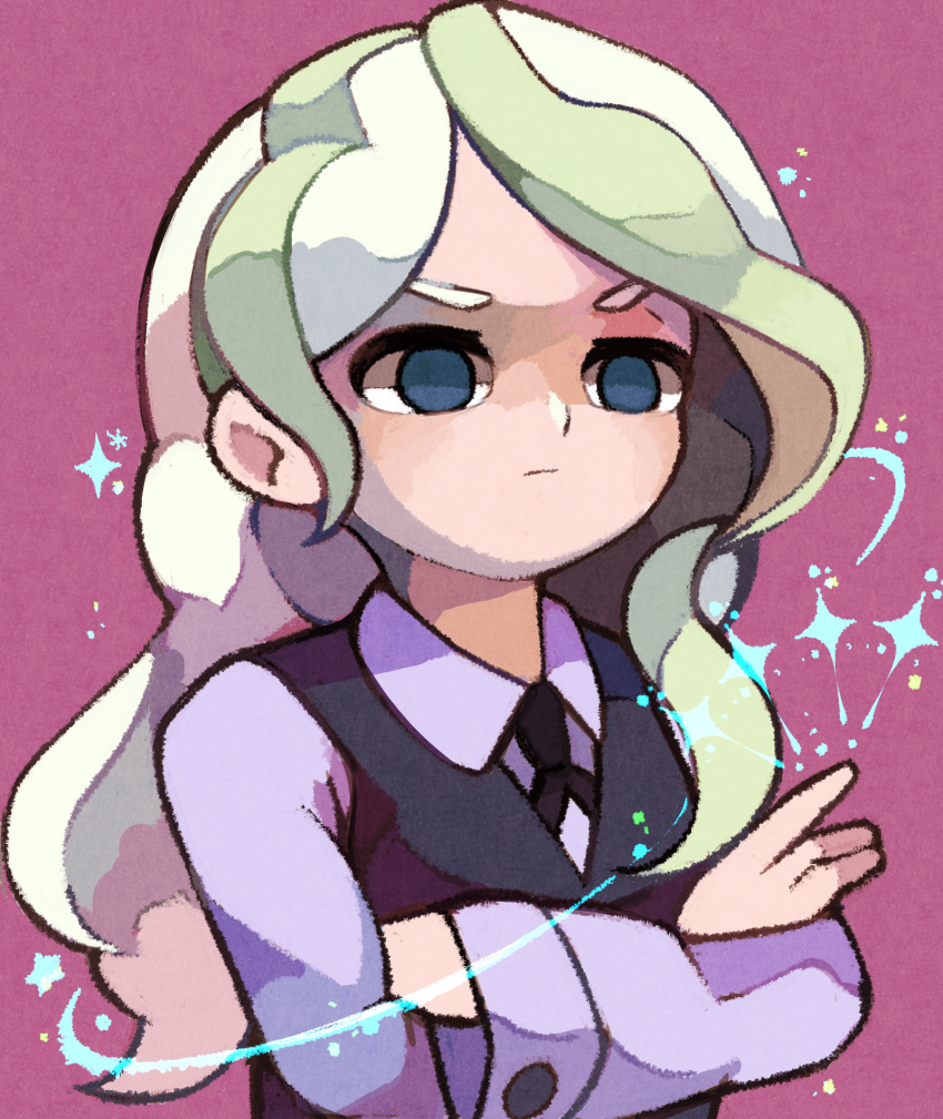 bad_id bad_pixiv_id black_vest closed_mouth collared_shirt crossed_arms diana_cavendish eyebrows highres light_green_hair little_witch_academia long_hair long_sleeves luna_nova_school_uniform multicolored_hair no_pupils pink_background purple_shirt school_uniform shirt solo sparkle star two-tone_hair upper_body v-shaped_eyebrows vest white_hair yukino_super