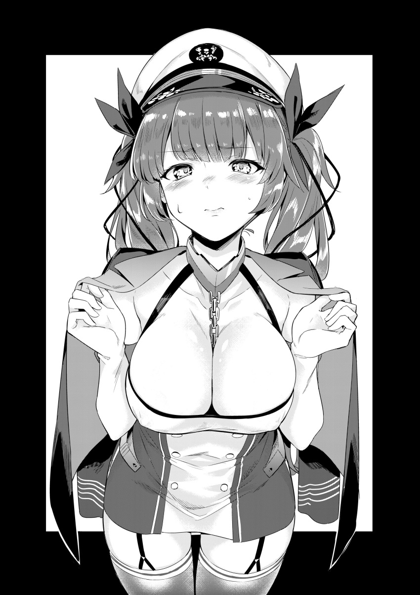 3: absurdres azur_lane bangs bow breasts chain cleavage dress greyscale hair_bow hair_ribbon hat highres honolulu_(azur_lane) large_breasts long_hair looking_at_viewer monochrome nishimi_shin peaked_cap ribbon solo thighhighs twintails