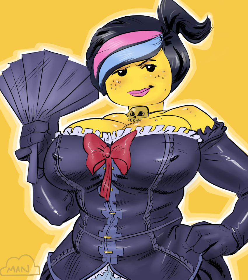 armwear big_breasts black_hair bonemarrowman breasts clothing elbow_gloves female freckles gloves hair hand_fan hi_res humanoid lego lips minifigure not_furry pink_lips ponytail simple_background skull slightly_chubby solo stocky the_lego_movie wyldstyle