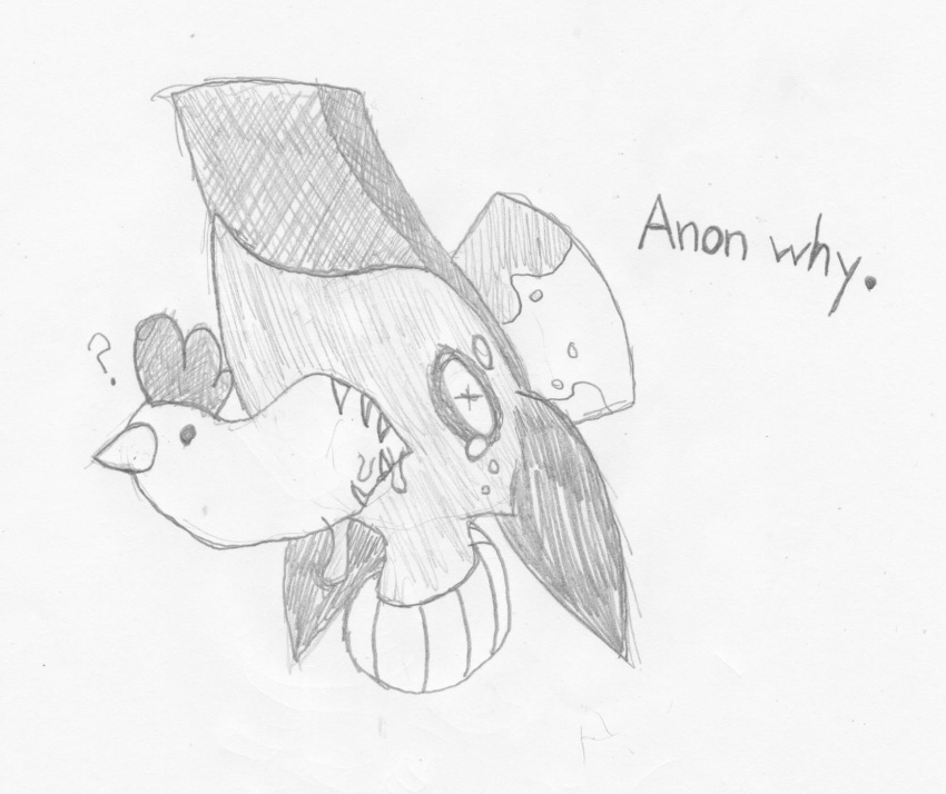 2016 anthro ask-jigsaw asphyxiation avian bird black_and_white canine chicken chillyjackal choking clothed clothing disney english_text fan_character fox grey_fox hat humor mammal monochrome patch_houston pun teeth text traditional_media_(artwork) zootopia