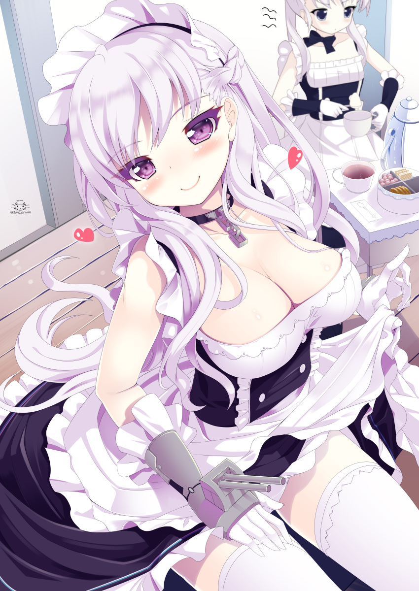 absurdres apron apron_lift azur_lane belchan_(azur_lane) belfast_(azur_lane) blue_dress blue_eyes braid breasts chain cleavage collar commentary_request cup dress dress_lift gloves heart highres large_breasts lifted_by_self long_hair maid_headdress multiple_girls natsumiya_yuzu purple_eyes silver_hair sitting smile spoon tea teacup teapot thighhighs waist_apron white_gloves white_legwear