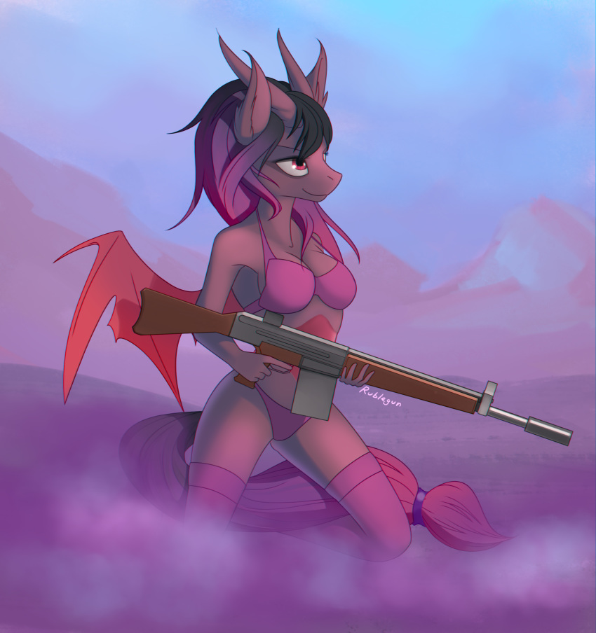 2018 5_fingers anthro bra breasts clothed clothing digital_media_(artwork) dragon female grey_hair gun hair holding_object holding_weapon horn legwear membranous_wings panties pink_eyes ranged_weapon rublegun smile solo thigh_highs underwear weapon wings