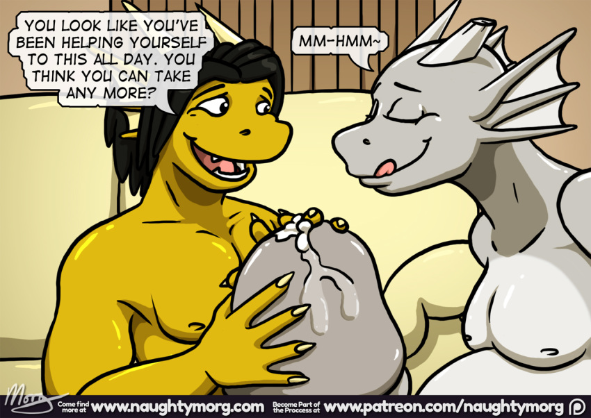 anthro claws comic dialogue dragon duo_focus english_text erection fin grey_penis group hand_on_penis head_fin horn humanoid_penis hyper hyper_penis licking licking_lips male male/male naughtymorg nude penis precum stuart_(naughtymorg) text tongue tongue_out