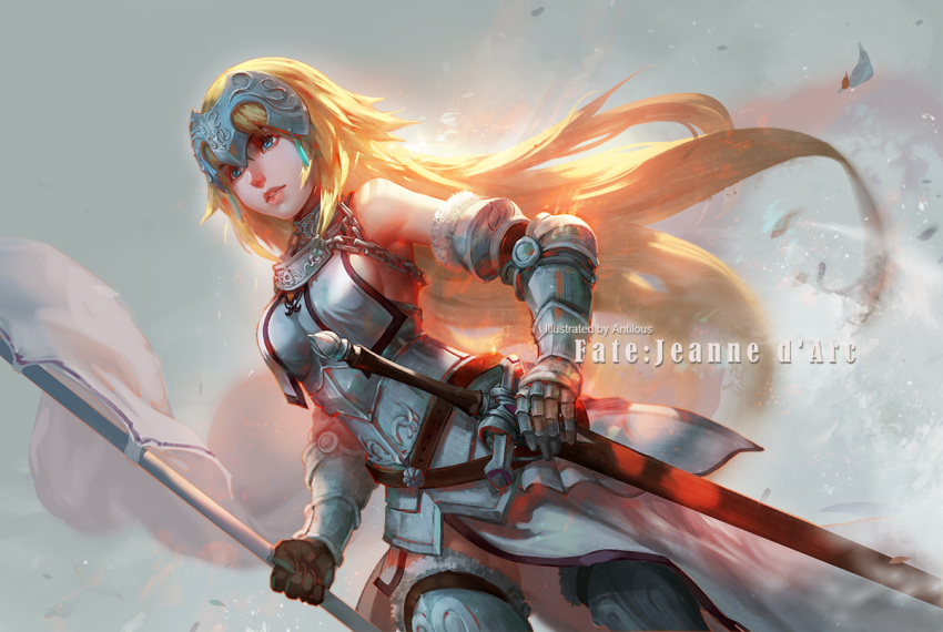 antilous armor armored_dress backlighting bare_shoulders black_gloves blonde_hair blue_eyes braid breasts chain fate/apocrypha fate/grand_order fate_(series) flag gauntlets gloves hand_on_hip headpiece jeanne_d'arc_(fate) jeanne_d'arc_(fate)_(all) lips long_hair making_of medium_breasts nose polearm scabbard sheath sheathed sideboob single_braid solo standing sword thighhighs very_long_hair weapon