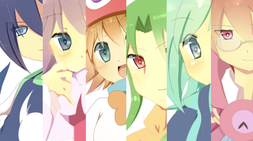 4boys amitie_(puyopuyo) aqua_eyes aqua_hair black_hair blue_eyes blue_shirt blush bow brown_hair clock clock_hands commentary_request dress ekoro_(puyopuyo) feli_(puyopuyo) green_hair grey_eyes heart heart-shaped_pupils long_sleeves looking_at_viewer multiple_boys multiple_girls open_mouth orange_bow pink_dress purple_hair puyopuyo red_eyes rento_(rukeai) satan_(puyopuyo) shirt sig_(puyopuyo) smile strange_klug symbol-shaped_pupils