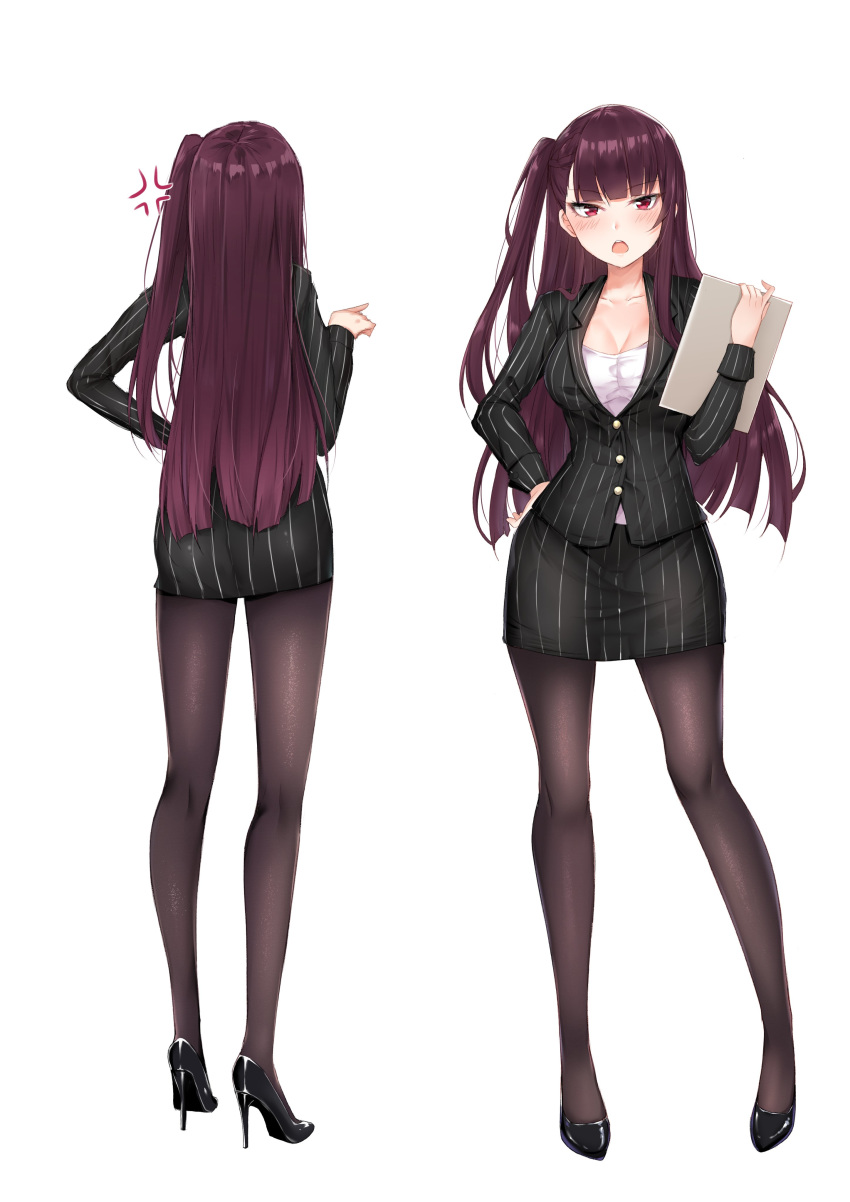 absurdres alternate_costume anger_vein ass bangs black_footwear blunt_bangs blush breasts check_commentary cleavage coffeedog collarbone commentary_request eyebrows_visible_through_hair formal from_behind full_body girls_frontline hair_ribbon hand_on_hip high_heels highres holding jacket large_breasts long_hair long_sleeves looking_at_viewer miniskirt multiple_views office_lady one_side_up open_mouth pantyhose pencil_skirt pointing purple_hair purple_legwear red_eyes ribbon shirt sidelocks simple_background skirt skirt_suit standing striped striped_jacket striped_skirt suit tsundere tsurime very_long_hair wa2000_(girls_frontline) white_background white_shirt