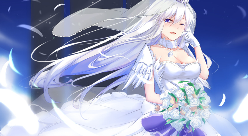 azur_lane blush bouquet breasts bridal_veil choker cleavage collarbone commentary_request dress enterprise_(azur_lane) eternity_(pixiv8012826) feathers flower large_breasts long_hair looking_at_viewer one_eye_closed open_mouth purple_eyes silver_hair smile solo strapless strapless_dress tears veil wedding_dress white_dress