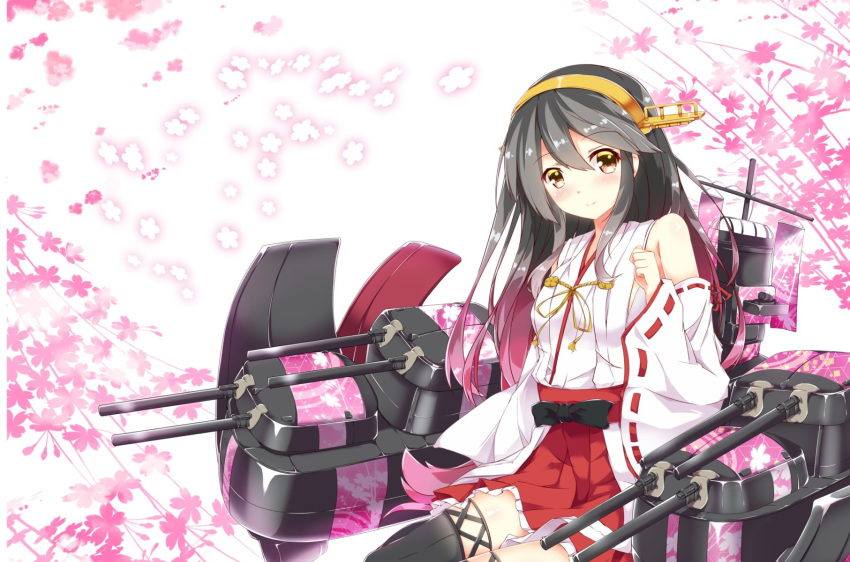 black_bow black_hair bow brown_eyes detached_sleeves floral_background fuuna hairband hakama hakama_skirt haruna_(kantai_collection) highres japanese_clothes kantai_collection long_hair nontraditional_miko pleated_skirt red_skirt remodel_(kantai_collection) rigging skirt smile solo weapon yellow_hairband