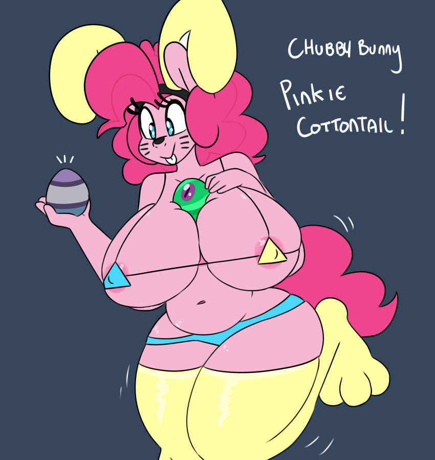 2015 anthro anthrofied areola better_version_at_source big_breasts breasts cleavage clothed clothing cute earth_pony easter egg english_text equine fake_ears fake_rabbit_ears female friendship_is_magic hi_res holidays horse huge_breasts hugtastic_pinkie_pie mammal my_little_pony nipple_slip pinkie_pie_(mlp) pony skimpy solo somescrub text