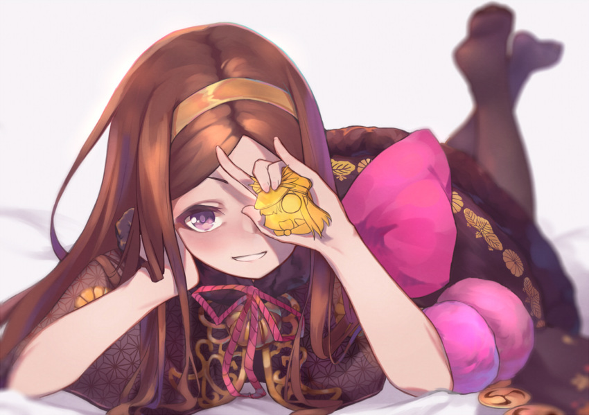 :d arm_support arm_up asa_no_ha_(pattern) bangs bed_sheet blurry blurry_background blush brown_capelet brown_dress brown_hair brown_legwear capelet chacha_(fate/grand_order) commentary_request depth_of_field dress fate/grand_order fate_(series) fingernails grin hairband legs_up long_hair looking_at_viewer lying no_shoes oda_nobunaga_(fate) on_stomach one_eye_covered open_mouth pantie_painting pantyhose parted_bangs puffy_short_sleeves puffy_sleeves purple_eyes short_sleeves smile soles solo v-shaped_eyebrows very_long_hair