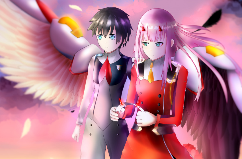 1boy 1girl black_hair blue_eyes couple darling_in_the_franxx fringe green_eyes hair_ornament hairband hand_on_another's_shoulder helchy hetero hiro_(darling_in_the_franxx) holding horns long_hair long_sleeves military military_uniform necktie oni_horns orange_neckwear pink_hair red_horns red_neckwear short_hair uniform white_hairband wings zero_two_(darling_in_the_franxx)