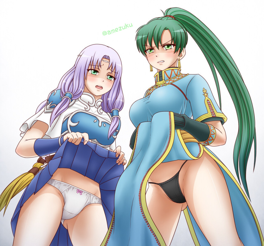 amezuku angry blush breasts dress earrings fingerless_gloves fire_emblem fire_emblem:_rekka_no_ken fire_emblem_heroes florina gloves green_eyes green_hair high_ponytail jewelry lifted_by_self long_hair looking_at_viewer lyndis_(fire_emblem) multiple_girls panties pelvic_curtain ponytail purple_hair skirt skirt_lift underwear