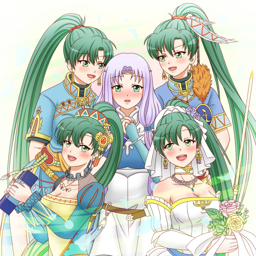 amezuku blue_eyes blush bouquet bow_(weapon) bridal_veil bride commentary dress earrings elbow_gloves fingerless_gloves fire_emblem fire_emblem:_rekka_no_ken fire_emblem_heroes florina flower formal fur_trim gloves green_eyes green_hair highres jewelry long_hair lyndis_(fire_emblem) multiple_girls multiple_persona open_mouth pegasus_knight pelvic_curtain ponytail purple_hair rose side_slit smile strapless thighhighs veil weapon wedding_dress white_dress white_gloves