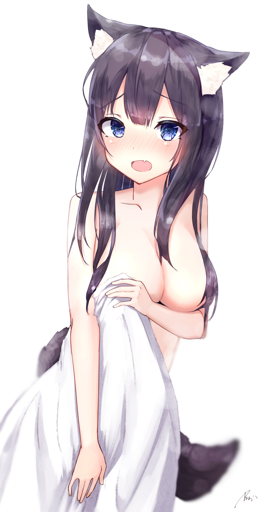 absurdres animal_ears bangs black_hair blue_eyes blurry blush breasts cleavage commentary_request covering covering_breasts depth_of_field embarrassed eyebrows_visible_through_hair fang hair_censor highres large_breasts long_hair looking_at_viewer mayogii naked_towel nose_blush open_mouth original signature simple_background solo standing tail towel white_background white_towel