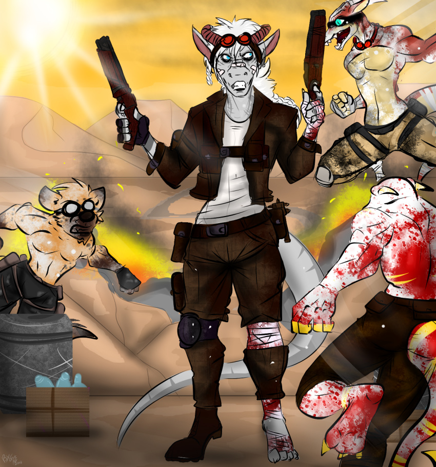 2018 anthro armor bandits belt biker blood boots clothing design digital_drawing_(artwork) digital_media_(artwork) dragon explosives eyewear face_paint facial_markings footwear glasses gloves goggles gun hair hyena jacket jeans jumping leather line_art lizard mad_max madnessandgiovanni0595 male mammal markings military muscular open_mouth pants pose post-apocalyptic punk ranged_weapon reptile running scalie scar shirt species: standing tank_top war_paint warrior watesland weapon
