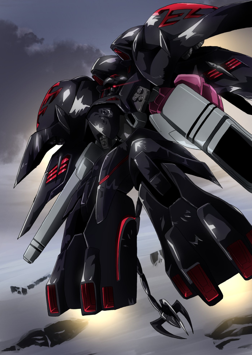 cloud cloudy_sky commentary_request from_below glowing glowing_eyes highres kidou_senkan_nadesico kidou_senkan_nadesico_-_prince_of_darkness mecha no_humans red_eyes sky solo tyuuboutyauyo weapon