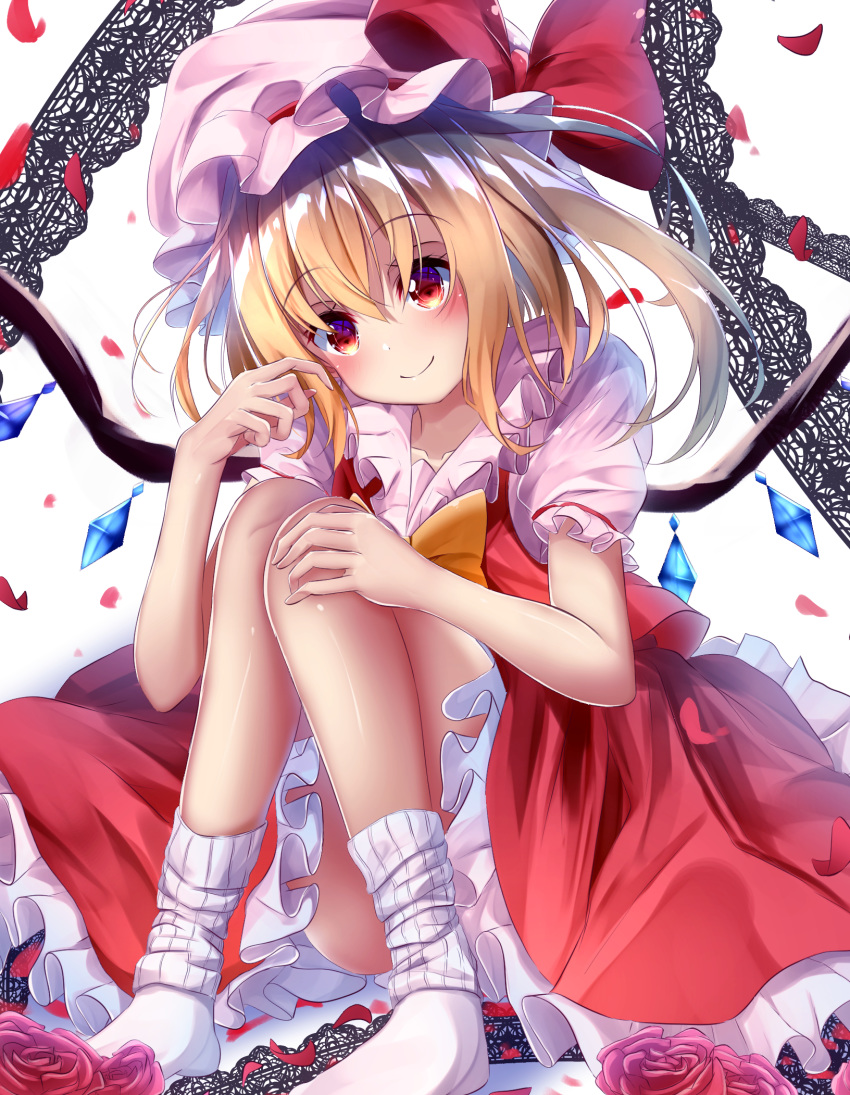 blonde_hair commentary_request dress flandre_scarlet highres looking_at_viewer red_dress red_eyes short_hair sitting_on_floor smile suisen-21 touhou white_legwear wings