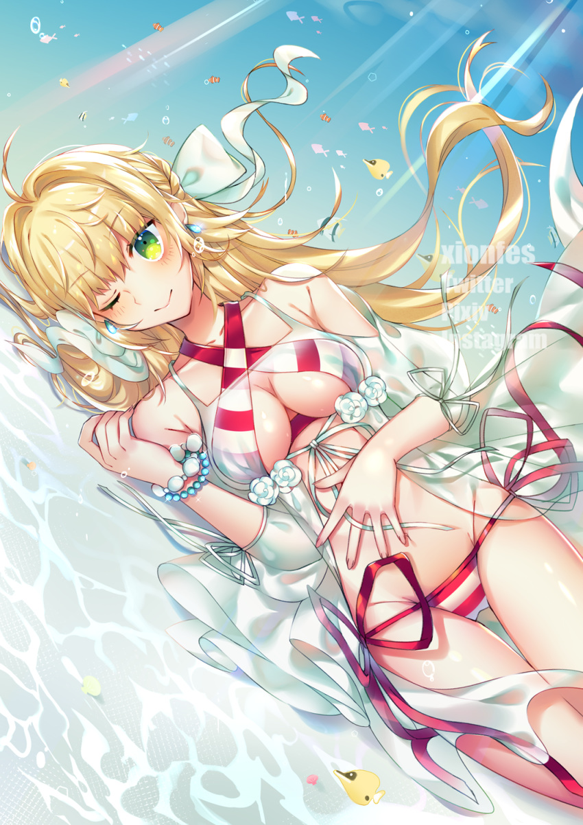 ;&gt; artist_name bikini blonde_hair bow bracelet braid breasts cleavage closed_mouth criss-cross_halter dutch_angle fate/extra fate/grand_order fate_(series) fish flower hair_bow halterneck highres jewelry long_hair looking_at_viewer lying medium_breasts nero_claudius_(fate)_(all) nero_claudius_(swimsuit_caster)_(fate) on_side one_eye_closed smile solo striped striped_bikini swimsuit thigh_gap watermark white_bow xionfes
