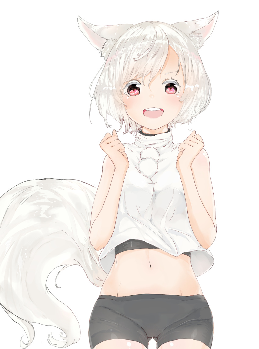 absurdres animal_ears forearms_at_chest groin highres inubashiri_momiji looking_at_viewer midriff navel no_hat no_headwear open_mouth red_eyes shorts sketch smile solo tail tei88 touhou white_hair wolf_ears wolf_tail