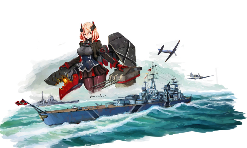 admiral_hipper_(cruiser) aircraft azur_lane bangs bf_109 black_skirt bracer breasts brown_eyes buttons collared_shirt commentary cowboy_shot cropped_legs cruiser eyebrows_visible_through_hair flag hair_between_eyes hand_on_weapon headgear iron_cross looking_at_viewer machinery medium_breasts military military_vehicle miniskirt name_tag nazi nazi_war_ensign object_namesake ocean pantyhose pink_hair red_legwear roon_(azur_lane) roon_(cruiser) shield ship shirt short_hair sidelocks skirt smile solo tachanka_(tachankaa) turret vehicle_request warship watercraft waves white_background world_of_warships