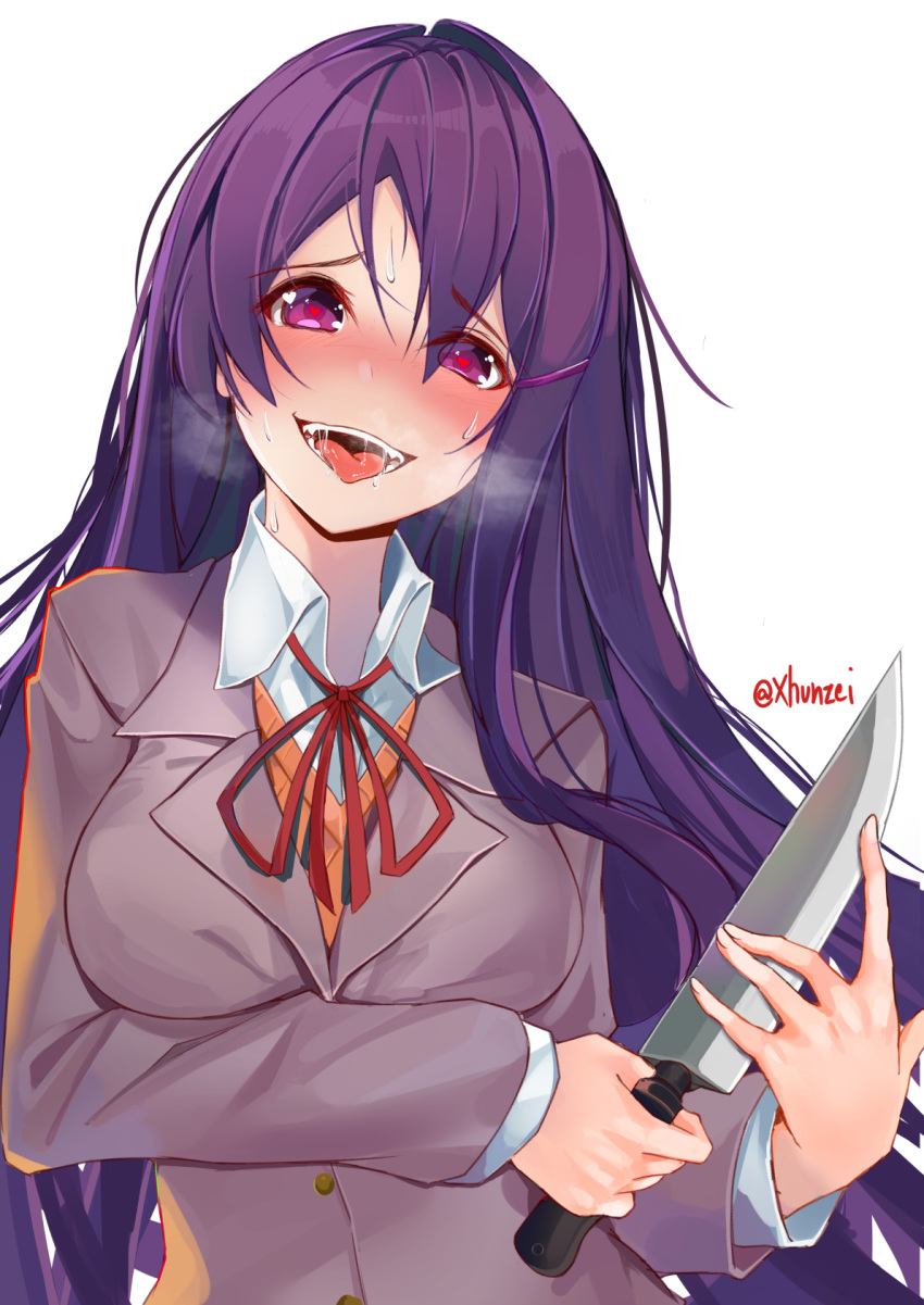 :d blush breath commentary doki_doki_literature_club english_commentary eyebrows_visible_through_hair eyes_visible_through_hair fangs hair_between_eyes hair_ornament hairclip heart heart-shaped_pupils heavy_breathing highres holding holding_knife knife long_hair looking_at_viewer nose_blush open_mouth purple_eyes purple_hair saliva school_uniform simple_background smile solo sweat sweating_profusely symbol-shaped_pupils teeth tongue tongue_out twitter_username upper_body white_background xhunzei yandere yuri_(doki_doki_literature_club)