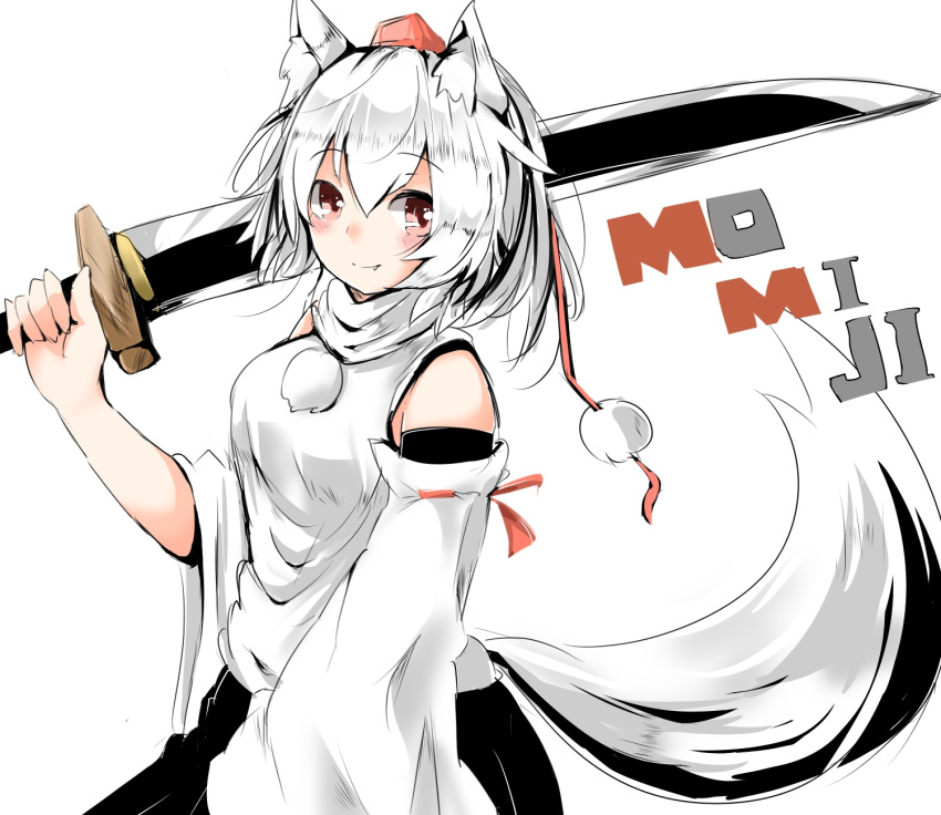 animal_ears blush character_name commentary_request fang hat highres holding holding_weapon houkai_(collapse_illust) huge_weapon inubashiri_momiji sketch smile solo sword tail tokin_hat touhou weapon white_background white_hair wolf_ears wolf_tail