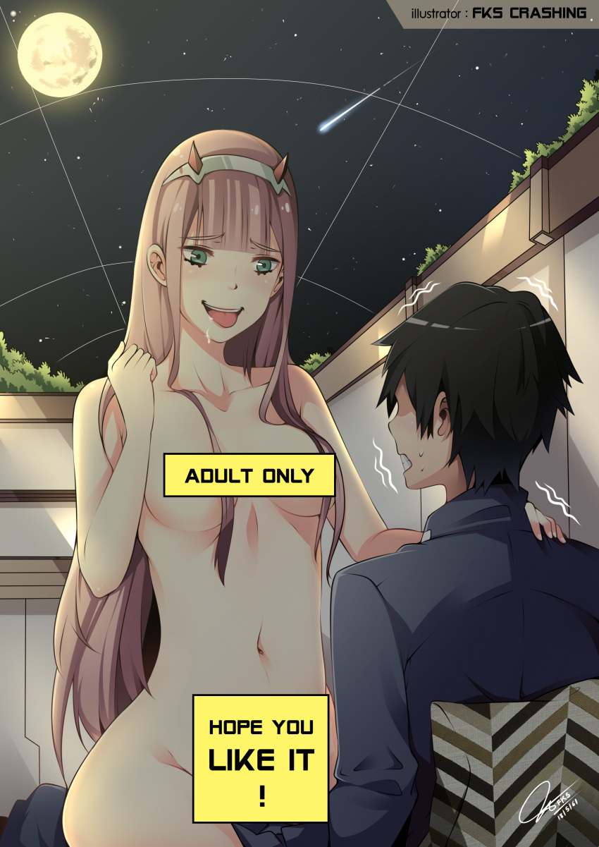 1boy 1girl assertive black_hair breasts clothed_male_nude_female collarbone couple darling_in_the_franxx erection eyebrows_visible_through_hair fkscrashing fringe green_eyes hair_ornament hair_over_breasts hairband hand_on_another's_shoulder hand_up hetero hiro_(darling_in_the_franxx) horns long_hair looking_at_another medium_breasts military military_uniform moon navel night night_sky nude oni_horns pink_hair red_horns short_hair signature sitting sitting_on_person sky smile star star_(sky) starry_sky straddling tongue tongue_out uniform upright_straddle white_hairband zero_two_(darling_in_the_franxx)