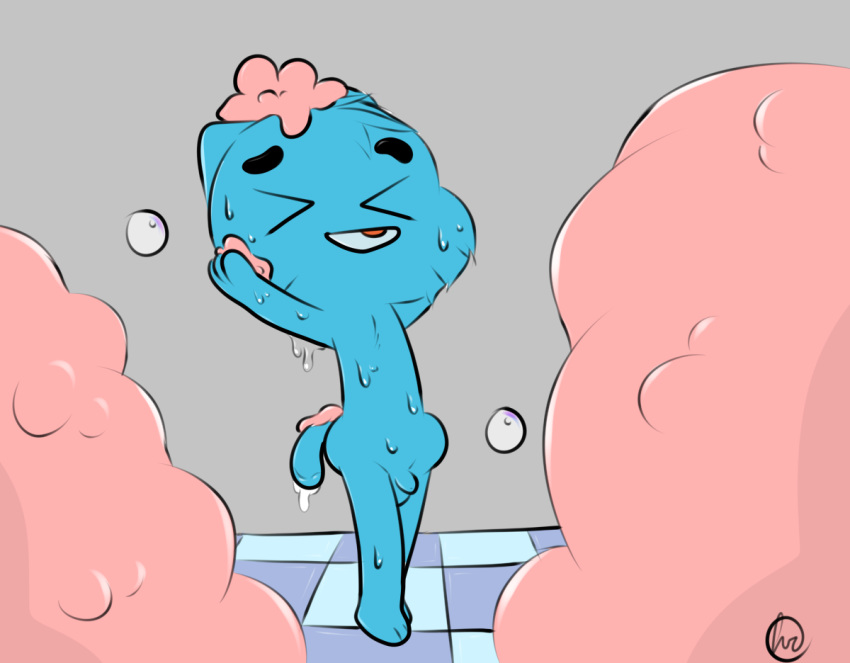 anthro balls cartoon_network contimplatininspiratio cub domestic_cat felid feline felis flaccid gumball_watterson male mammal nude penis shampoo shower showering solo the_amazing_world_of_gumball uncut young