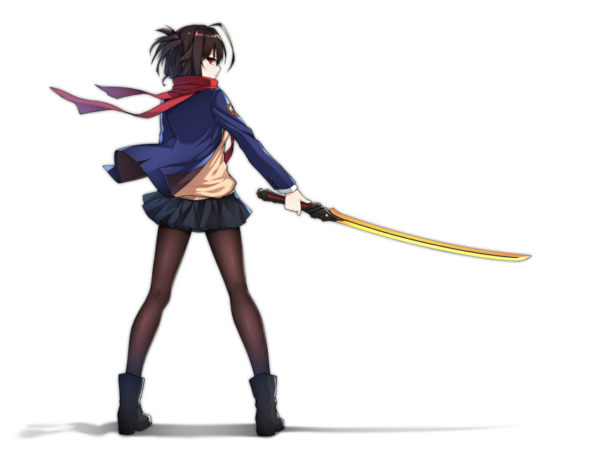 ahoge black_footwear black_hair black_skirt boots brown_legwear commentary english_commentary full_body healther highres katana original pantyhose pleated_skirt profile red_eyes red_scarf scarf school_uniform serious simple_background skirt solo standing sword weapon white_background