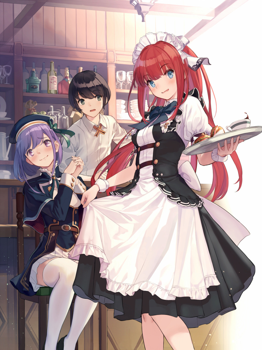 2girls ainarela apron black_footwear black_hair black_skirt blue_capelet blue_eyes blue_jacket bottle capelet chair coffee collared_shirt cup drinking_glass food grey_eyes hands_clasped highres holding holding_tray houkago_wa_isekai_kissa_de_coffee_wo jacket linaria_(isekai_coffee) long_hair long_sleeves maid_headdress multiple_girls on_chair own_hands_together plate pleated_skirt puffy_short_sleeves puffy_sleeves purple_eyes purple_hair red_hair sandwich shirt shoes short_sleeves sitting skirt supertie teacup thighhighs tray very_long_hair waist_apron waitress white_apron white_legwear white_shirt white_skirt wine_glass wrist_cuffs yu_(isekai_coffee)