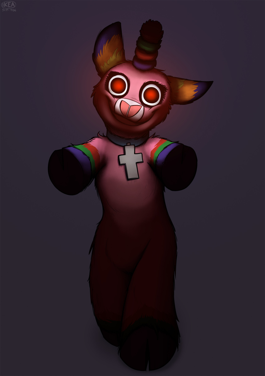 2018 animate_inanimate big_eyes creepy cross fur glowing glowing_eyes grey_background hooves kea_(artist) looking_at_viewer nightmare_fuel pi&ntilde;ata pink_fur red_eyes scp-956 scp_foundation simple_background smile solo unknown_species