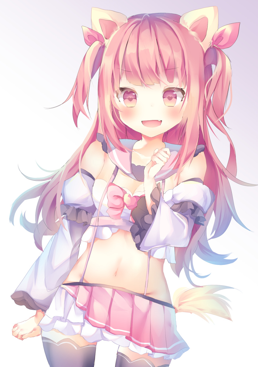 animal_ears bad_id bad_pixiv_id black_legwear bow breasts brown_hair cleavage collarbone cowboy_shot crop_top detached_sleeves dog_ears dog_tail groin hair_ribbon heart heart-shaped_pupils highres long_hair long_sleeves looking_at_viewer midriff navel original pink_bow pink_ribbon pink_sailor_collar pink_skirt pleated_skirt puffy_short_sleeves puffy_sleeves red_eyes ribbon sailor_collar shirt short_over_long_sleeves short_sleeves skirt small_breasts solo suspenders symbol-shaped_pupils tail thighhighs tsuruse two_side_up very_long_hair white_shirt wide_sleeves zettai_ryouiki