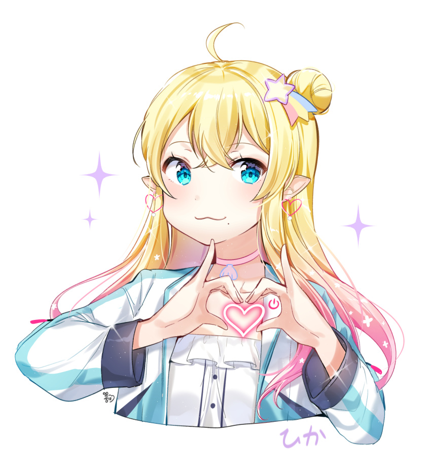 :3 bad_id bad_pixiv_id bangs blonde_hair blue_eyes blush character_request choker closed_mouth cropped_torso earrings eyebrows_visible_through_hair frilled_shirt frills gradient_hair hair_between_eyes hair_bun hair_ornament hands_up heart heart_earrings heart_hands highres jacket jewelry long_hair long_sleeves looking_at_viewer mole mole_under_mouth moong_gya multicolored_hair open_clothes open_jacket original pink_choker pink_hair pointy_ears power_symbol shirt side_bun signature simple_background solo sparkle star star_hair_ornament white_background white_shirt