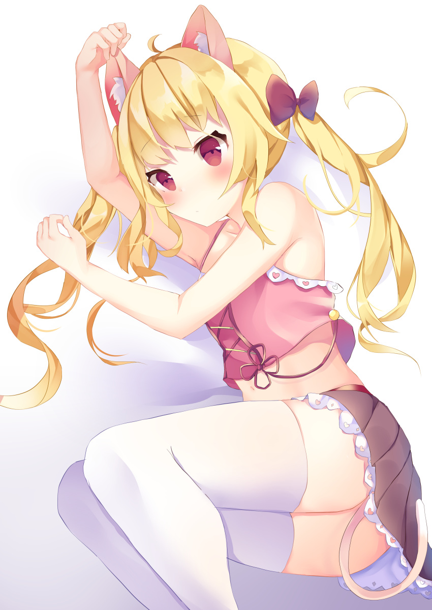 absurdres animal_ears arms_up ass bad_id bad_pixiv_id bangs bare_arms bare_shoulders bed_sheet blonde_hair blush bow brown_skirt camisole cat_ears cat_girl cat_tail closed_mouth crop_top crop_top_overhang eyebrows_visible_through_hair feet_out_of_frame hair_bow highres long_hair looking_at_viewer lying midriff navel on_side original pink_camisole pleated_skirt red_bow red_eyes skirt solo tail thighhighs tsuruse twintails very_long_hair white_legwear
