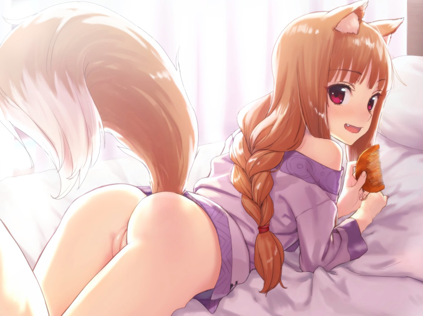animal_humanoid bedding blush bottomless braided_hair brown_hair butt canine clothed clothing comb fangs female hair hi_res holo horo humanoid kawakami_rokkaku looking_at_viewer mammal open_mouth pussy red_eyes simple_background smile solo spice_and_wolf uncensored wolf_humanoid wolf_tail