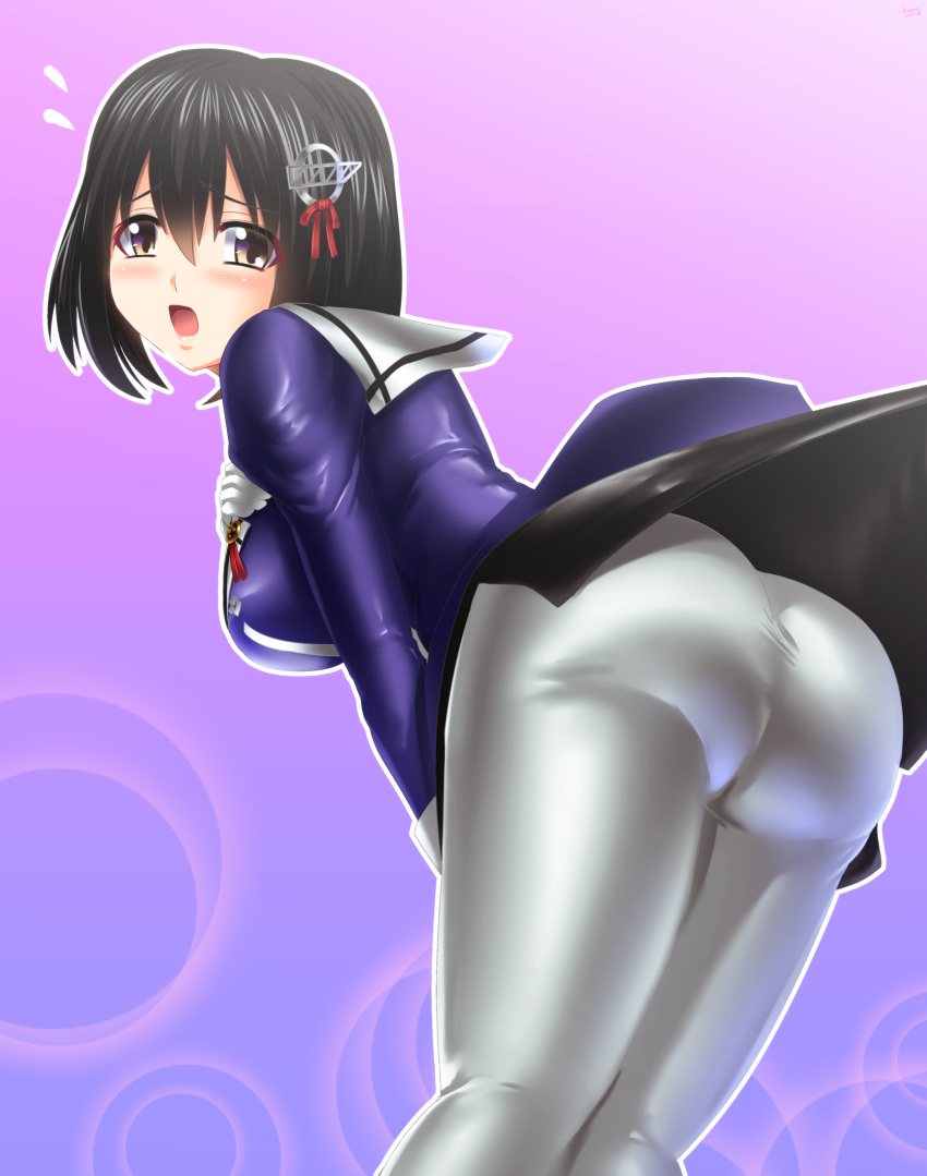 10s 1girl ass blush breasts brown_eyes brown_hair embarrassed flying_sweatdrops gloves haguro_(kantai_collection) hair_ornament kantai_collection large_breasts leaning leaning_forward looking_back open_mouth pantyhose shiny shiny_hair short_hair skirt skirt_lift text_focus uniform white_legwear