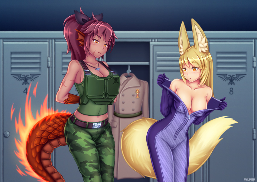 absurdres animal_ears armor arms_behind_back artist_name bare_shoulders belt blonde_hair bodysuit breasts camouflage camouflage_pants collarbone crossover dark_skin eyebrows_visible_through_hair facial_scar fiery_tail fire fox_ears fox_tail frown head_fins highres huge_filesize inari_(monster_girl_encyclopedia) jewelry leaning_forward lizard_tail locker locker_room long_hair medium_breasts monster_girl monster_girl_encyclopedia multiple_girls pants pendant ponytail salamander_(monster_girl_encyclopedia) scar tail undressing warhammer_40k wlper