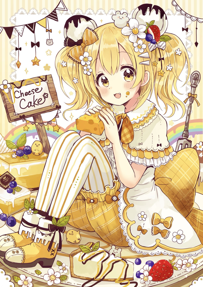 :d animal_ears bangs blonde_hair bloomers blueberry blueberry_hair_ornament blush boots bow bowtie capelet cheese cheesecake commentary_request doily dress english eyebrows_visible_through_hair fang fingernails flower food food_on_face food_themed_hair_ornament fork fruit hair_between_eyes hair_bow hair_flower hair_ornament hands_up head_tilt high_heel_boots high_heels highres holding holding_food looking_at_viewer mouse_ears open_mouth orange_bow orange_neckwear original pantyhose pennant plaid_neckwear sakura_oriko sign sitting smile solo star strawberry strawberry_hair_ornament string_of_flags striped striped_background striped_legwear twintails underwear vertical-striped_background vertical-striped_legwear vertical_stripes white_capelet white_dress white_flower white_legwear yellow_bloomers yellow_bow yellow_eyes yellow_footwear