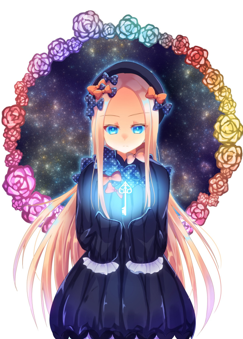abigail_williams_(fate/grand_order) bangs black_bow black_dress black_hat blonde_hair blue_eyes blue_flower blue_rose bow bug butterfly closed_mouth commentary_request dress eyebrows_visible_through_hair fate/grand_order fate_(series) floating flower forehead glowing hair_bow hands_up hat highres hiiro_yuya insect key long_hair long_sleeves looking_away looking_down orange_bow parted_bangs pink_flower pink_rose polka_dot polka_dot_bow purple_flower purple_rose red_flower red_rose rose sleeves_past_fingers sleeves_past_wrists solo very_long_hair white_background yellow_flower yellow_rose