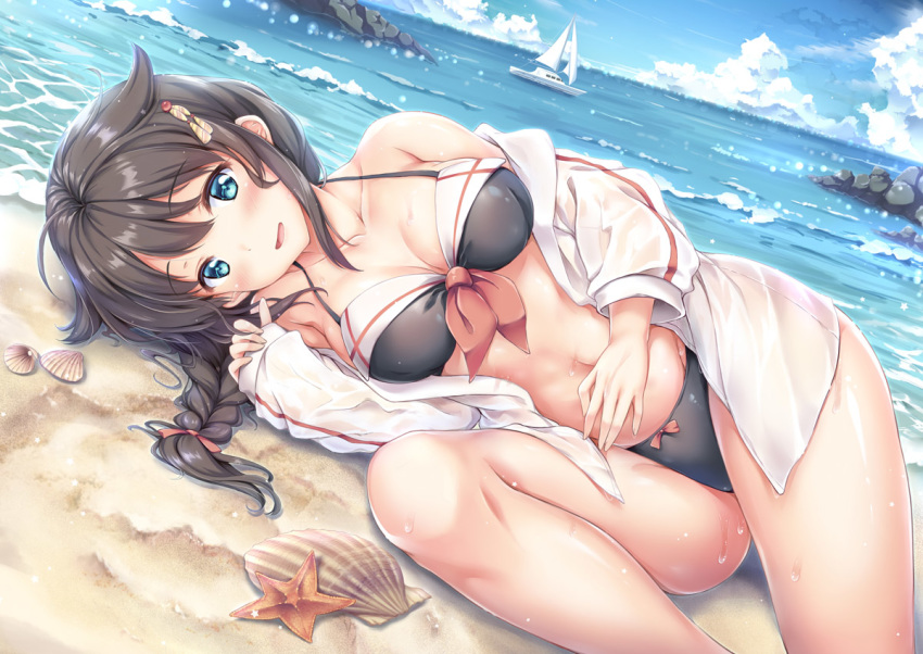 adapted_costume ahoge bangs beach bikini black_bikini blue_eyes blue_sky boat braid breasts brown_hair cleavage cloud cloudy_sky collarbone day dutch_angle eyebrows_visible_through_hair hair_flaps hair_ornament kantai_collection long_hair long_sleeves looking_at_viewer lying medium_breasts navel ocean off-shoulder_shirt on_side open_clothes open_mouth open_shirt outdoors remodel_(kantai_collection) sailboat sand seashell shell shigure_(kantai_collection) shirt shore sky smile solo starfish swimsuit watercraft waves wet wet_clothes wet_shirt yuriko