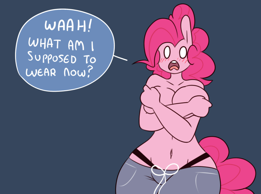 2015 anthro anthrofied big_breasts breasts clothed clothing covering covering_breasts covering_self digital_media_(artwork) earth_pony english_text equine female friendship_is_magic horse hugtastic_pinkie_pie mammal my_little_pony navel pinkie_pie_(mlp) pony solo somescrub text topless