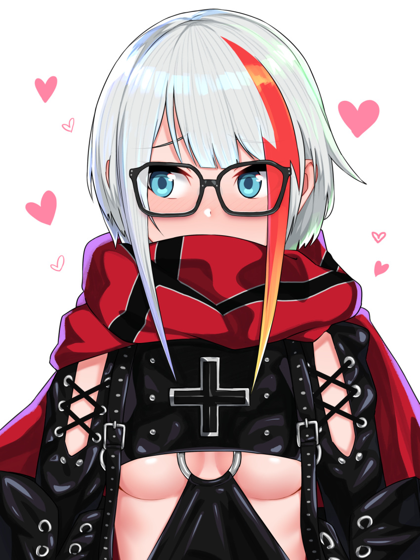 admiral_graf_spee_(azur_lane) azur_lane bespectacled black-framed_eyewear black_gloves blue_eyes blush breasts cape covered_mouth cross embarrassed eyebrows_visible_through_hair eyes_visible_through_hair glasses gloves heart highres long_sleeves looking_at_viewer looking_away medium_breasts multicolored_hair nezuko nose_blush o-ring red_cape scarf scarf_over_mouth sidelocks silver_hair simple_background solo streaked_hair underboob upper_body white_background