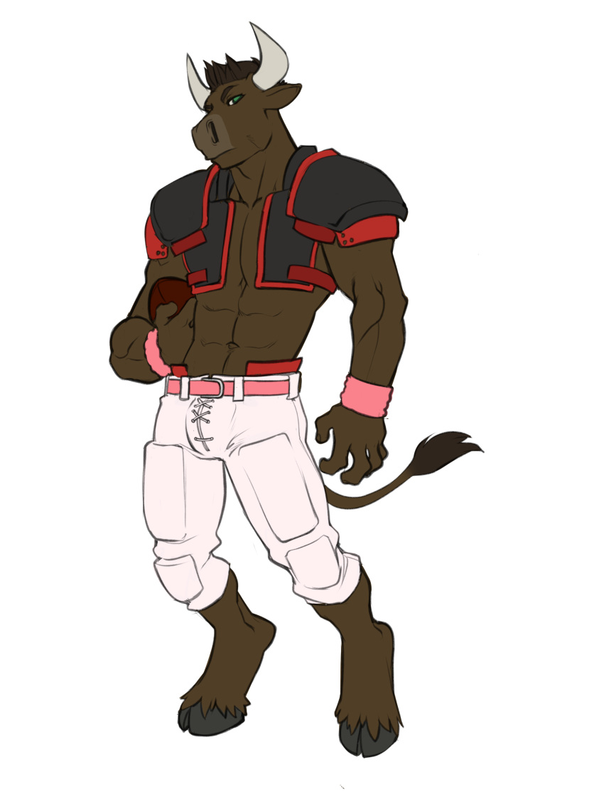2015 5_fingers abs absurd_res american_football anthro belt bovine brown_fur brown_hair bulge cattle clothed clothing cloven_hooves digital_media_(artwork) faint front_view fur green_eyes hair hi_res hooves horn looking_at_viewer male mammal muscular muscular_male navel pants short_hair simple_background solo sport standing tail_tuft tuft white_background