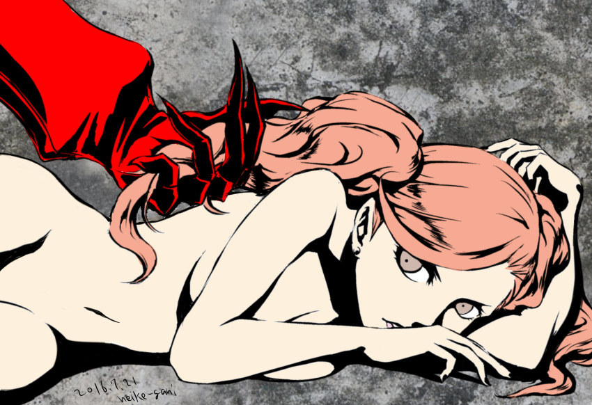 2016 absurdres arsene_(persona_5) breasts brown_hair cleavage dated grey_background grey_eyes heike_gani highres holding_another's_hair long_hair lying medium_breasts nude on_side parted_lips persona persona_5 shadow sideboob signature takamaki_anne twintails