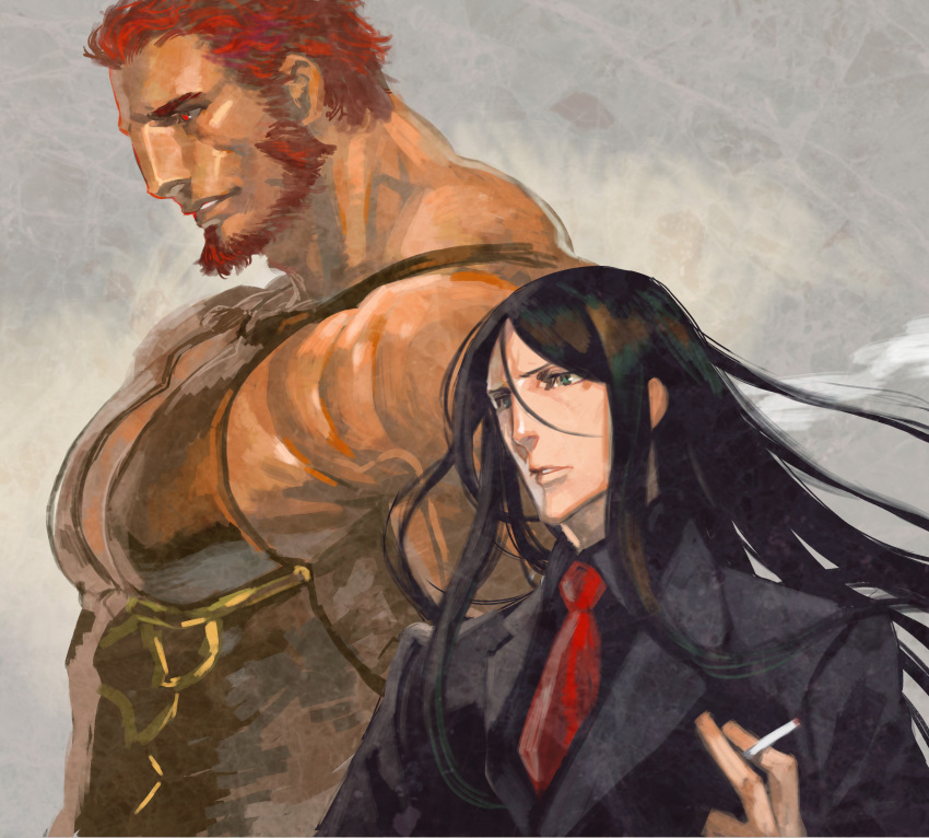 absurdres azuma_tou beard black_hair cigarette facial_hair fate/zero fate_(series) formal height_difference highres holding holding_cigarette long_hair lord_el-melloi_ii lord_el-melloi_ii_case_files male_focus multiple_boys muscle necktie parted_lips red_hair red_neckwear rider_(fate/zero) sleeveless suit upper_body waver_velvet