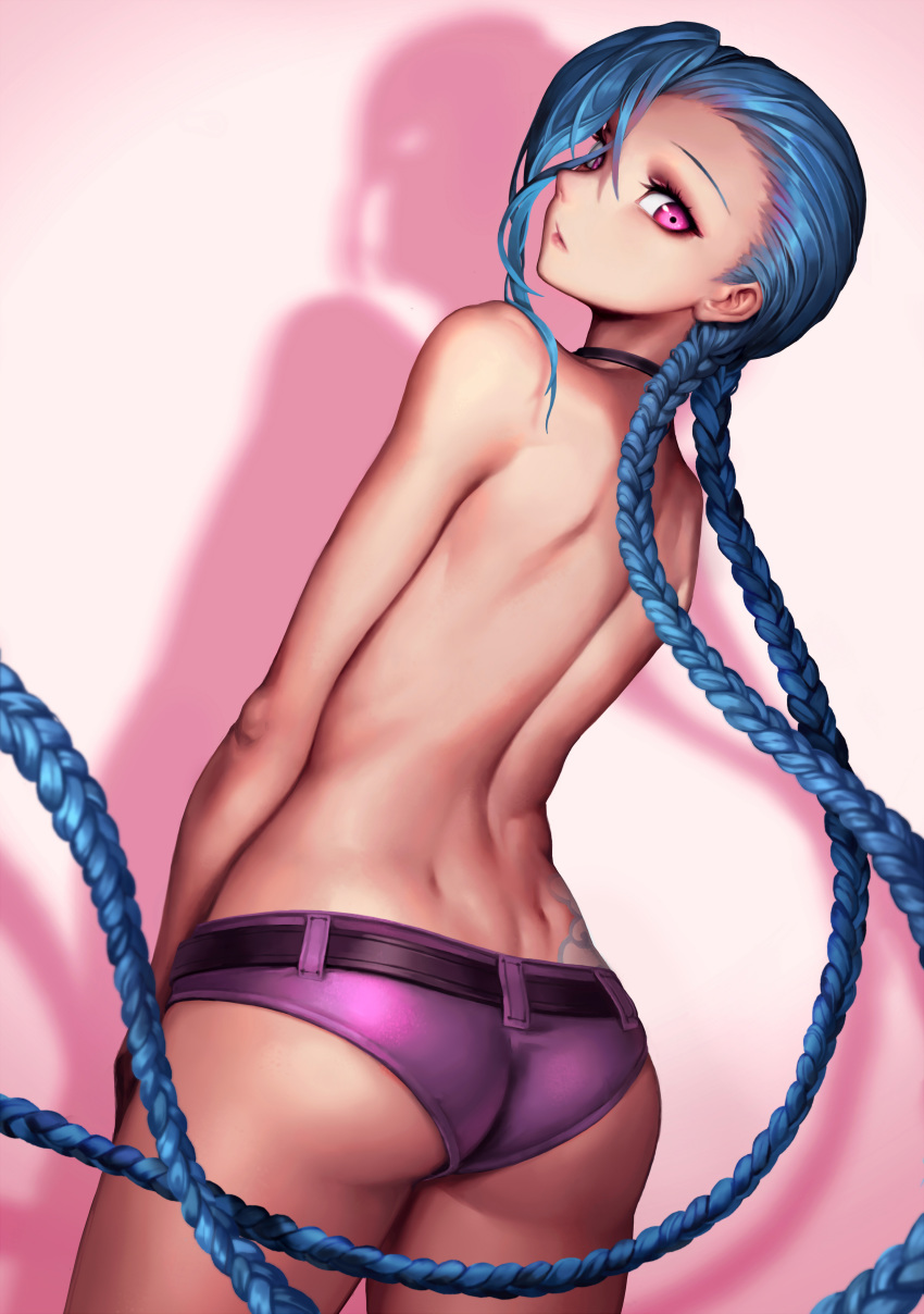 absurdres ass ass_tattoo back black_choker blue_hair braid choker closed_mouth convenient_arm cowboy_shot dimples_of_venus from_behind highres jinx_(league_of_legends) league_of_legends long_hair looking_at_viewer looking_back oopartz_yang paid_reward parted_lips patreon_reward pink_background pink_eyes pink_lips purple_shorts shadow short_shorts shorts simple_background skindentation solo topless twin_braids very_long_hair